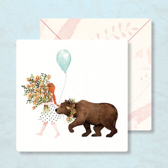 Enkele kaart: meisje met bloemen, ballon en beer | Zintenz