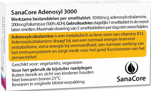 Achterkant Adenosyl 3000 vitamine B12 | Sanocore